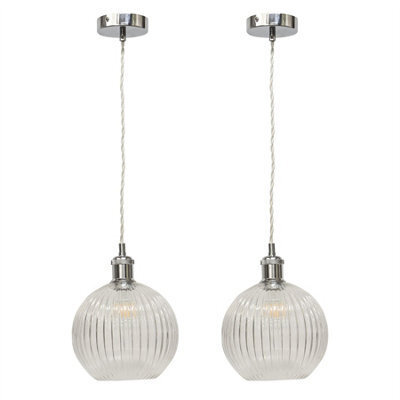 First Choice Lighting Set Of 2 Betchley - Clear Ribbed Globe Chrome Retro Pendant Fittings - image 1