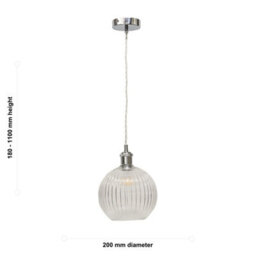 First Choice Lighting Set Of 2 Betchley - Clear Ribbed Globe Chrome Retro Pendant Fittings - thumbnail 6