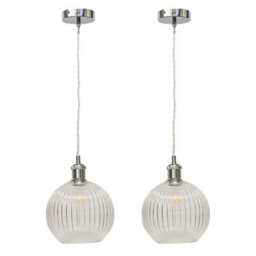 First Choice Lighting Set Of 2 Betchley - Clear Ribbed Globe Chrome Retro Pendant Fittings - thumbnail 1