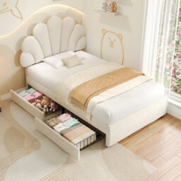 Matteo 3Ft Single Velvet Bed Frame Adjustable Chic Petal Headboard & Storage Drawers Easy Assembly Beige - thumbnail 2