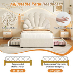 Matteo 3Ft Single Velvet Bed Frame Adjustable Chic Petal Headboard & Storage Drawers Easy Assembly Beige - thumbnail 6