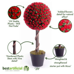 Best Artificial 2Ft / 60Cm Red Rose Ball Tree Plant Garden Office Conservatory Tropical Indoor Outdoor - thumbnail 3