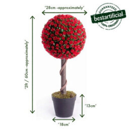 Best Artificial 2Ft / 60Cm Red Rose Ball Tree Plant Garden Office Conservatory Tropical Indoor Outdoor - thumbnail 2