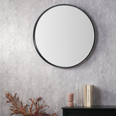 Pacific Lifestyle Round Wall Mirror Black Wood Veneer Deep Edge 74Cm Minimalist Modern - image 1