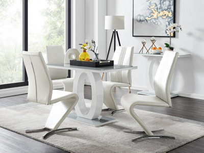 Furniturebox Giovani Rectangular 4 Seat White High Gloss Unique Halo Base Dining Table Grey Glass Top 4 White Faux Leather Willow Chairs - image 1