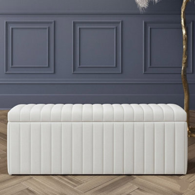 150Cm Wide Lux Ottoman Storage Box, White Velvet Upholstered Full Striped Storage Ottoman Box - image 1