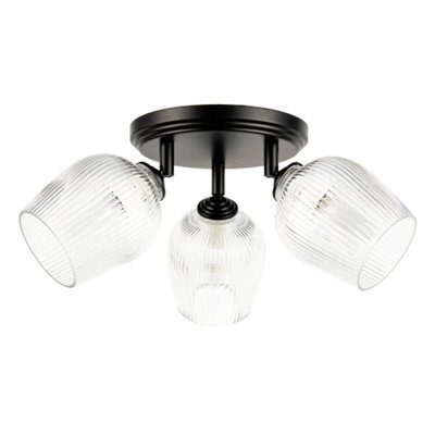 Happy Homewares Matte Black Triple Spot Ceiling Light With Clear Ribbed Glass Shades - image 1