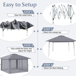Costway 394 X 394 Cm Pop Up Gazebo Foldable Canopy Tent W/ Mesh Netting-Grey - thumbnail 7