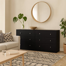 Wyld Haus Tainan Wide Black Chest Of Drawers - 6-Drawer Matt Wood Dresser 1431X317X683mm - thumbnail 1