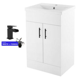 FNX Bathrooms 500mm Freestanding Bathroom Vanity Unit & Ceramic Basin Set - Gloss White With Soft-Close Doors, Black Handles & Matt Black Tap - thumbnail 1