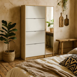 Wyld Haus Prague Natural Oak-Effect Shoe Cabinet With Mirror And 4 Flip Doors