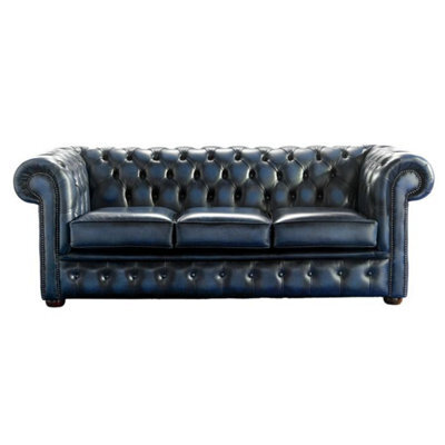 Chesterfield 3 Seater Antique Blue Real Leather Sofa Bespoke In Classic Style - image 1