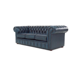 Chesterfield 3 Seater Antique Blue Real Leather Sofa Bespoke In Classic Style - thumbnail 5