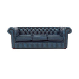 Chesterfield 3 Seater Antique Blue Real Leather Sofa Bespoke In Classic Style - thumbnail 2