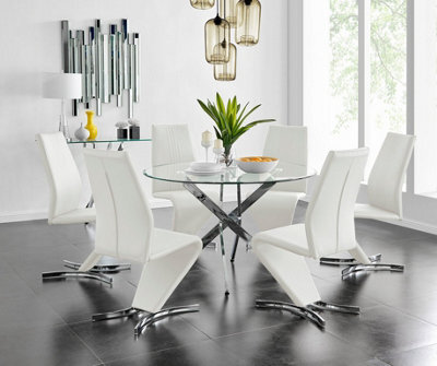 Furniturebox Uk Novara Chrome Metal And Glass Large Round Dining Table And 6 White Willow Chairs Set - image 1