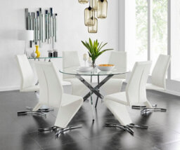 Furniturebox Uk Novara Chrome Metal And Glass Large Round Dining Table And 6 White Willow Chairs Set