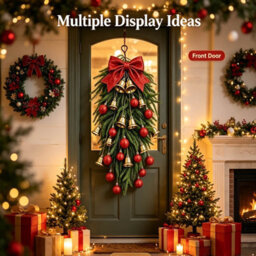 Amorly 65Cm Christmas Door Swag, Plastic Artificial Pine Hanging Wreath With Red Bow Golden Bells, Festive Wall Front Door Holiday Decor - thumbnail 7