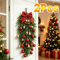 Amorly 65Cm Christmas Door Swag, Plastic Artificial Pine Hanging Wreath With Red Bow Golden Bells, Festive Wall Front Door Holiday Decor - thumbnail 2