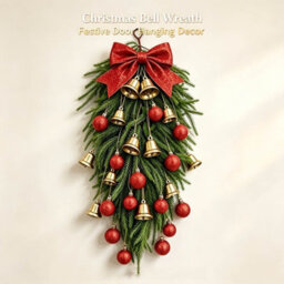 Amorly 65Cm Christmas Door Swag, Plastic Artificial Pine Hanging Wreath With Red Bow Golden Bells, Festive Wall Front Door Holiday Decor - thumbnail 5