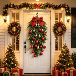 Amorly 65Cm Christmas Door Swag, Plastic Artificial Pine Hanging Wreath With Red Bow Golden Bells, Festive Wall Front Door Holiday Decor - thumbnail 8