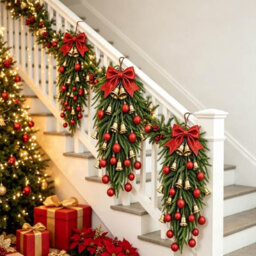 Amorly 65Cm Christmas Door Swag, Plastic Artificial Pine Hanging Wreath With Red Bow Golden Bells, Festive Wall Front Door Holiday Decor - thumbnail 6