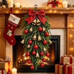 Amorly 65Cm Christmas Door Swag, Plastic Artificial Pine Hanging Wreath With Red Bow Golden Bells, Festive Wall Front Door Holiday Decor - thumbnail 9
