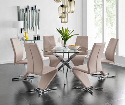Furniturebox Uk Novara Chrome Metal And Glass Large Round Dining Table And 6 Cappuccino Beige Willow Chairs Set - image 1