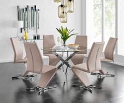 Furniturebox Uk Novara Chrome Metal And Glass Large Round Dining Table And 6 Cappuccino Beige Willow Chairs Set