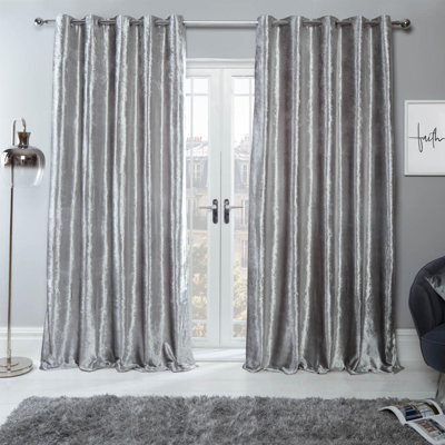"Ohs Crushed Velvet Eyelet Ring Top Pair Of Fully Lined Curtains - Silver 90"" X 90""" - image 1