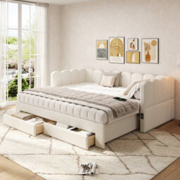 Abrihome Upholstered Bed, Daybed, Sofa Bed, With 2 Drawers For Storage, Sofa Bed, 90X190 Cm, Extendable To 180 Cm, With Usb Port, Beige - thumbnail 1
