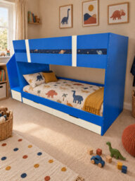 Blue Low Single Staircase Bunk Bed With Wardrobe, Shelves And Drawers With Enhanced Comfort Pocket Sprung Mattresses - thumbnail 3