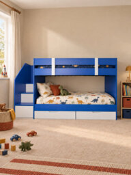 Blue Low Single Staircase Bunk Bed With Wardrobe, Shelves And Drawers With Enhanced Comfort Pocket Sprung Mattresses - thumbnail 4