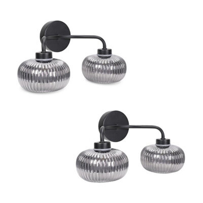 Valuelights Amaia Pair Of Matte Black Ip44 Rated 2 Way Smoked Ribbed Glass Wall Lights - image 1