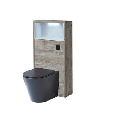 Homestylestore 600mm Light Oak Floorstanding Bathroom Wc Unit Led Lit Shelf Graphite Toilet And Black Flush Button - image 1