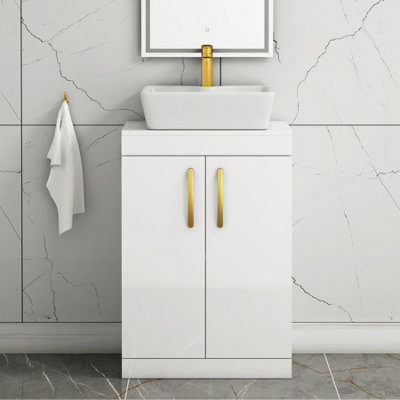 Royal Bathrooms 600mm Floor Standing Vanity Unit 2 Door Gloss White & Countertop Basin - Cube With Brushed Brass Handle - image 1
