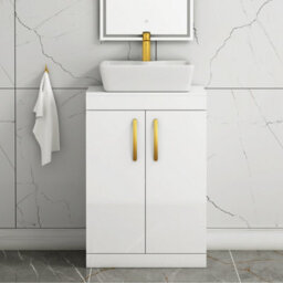 Royal Bathrooms 600mm Floor Standing Vanity Unit 2 Door Gloss White & Countertop Basin - Cube With Brushed Brass Handle - thumbnail 1