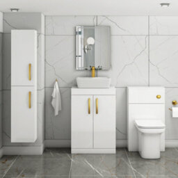 Royal Bathrooms 600mm Floor Standing Vanity Unit 2 Door Gloss White & Countertop Basin - Cube With Brushed Brass Handle - thumbnail 2