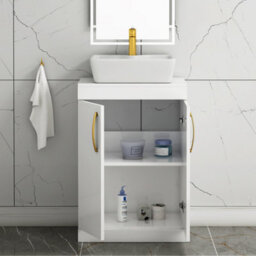 Royal Bathrooms 600mm Floor Standing Vanity Unit 2 Door Gloss White & Countertop Basin - Cube With Brushed Brass Handle - thumbnail 3