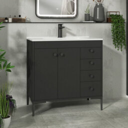 Royal Bathrooms Verona 800mm Matt Black Floor Standing Bathroom Vanity Unit 2 Door, 4 Drawer Cabinet With Ceramic Basin Sink & Matt Black Knob