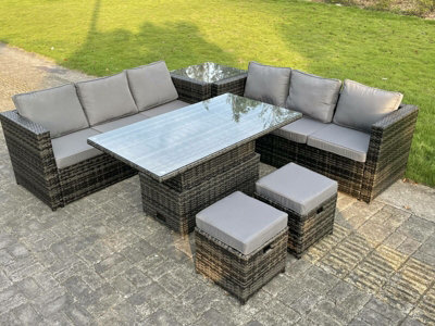 Fimous 8 Seater Pe Wicker Rattan Garden Furniture Rising Adjustable Dining Coffee Table Sets Footstool With Side Table - image 1