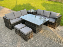 Fimous 8 Seater Pe Wicker Rattan Garden Furniture Rising Adjustable Dining Coffee Table Sets Footstool With Side Table - thumbnail 5