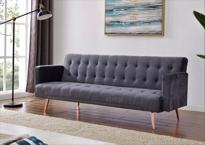 Home Detail Windsor Luxury Fabric Sofa Bed Grey Velvet With Metal Rose Gold Legs Clic Clac Sofabed Tufted Button Backrest Seat Track Armrests