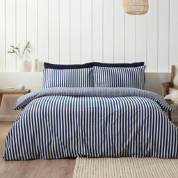 Catherine Lansfield Brushed Stripe Cotton Reversible Single Duvet Cover Set With Pillowcase Navy Blue