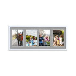 AK Frames 50X20Cm White Sleek Multi Photo Frame With Silver Mount - Holds 4 Apertures (4X) 6X4 Photos - thumbnail 1