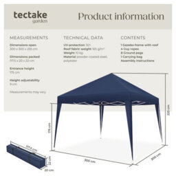 Tectake Gazebo Linosa - 3 X 3 M, Foldable, Water-Resistant, Uv Protection 300 X 300 X 255 Cm - Blue - thumbnail 6