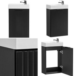 Impact Furniture Cloakroom Vanity Unit With Basin 400mm Ribbed Fluted Black Modern Small Bathroom Wall Sink Cabinet Slimline Narrow Adel - thumbnail 2