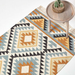 Homescapes Agra Handwoven Ochre Gold, Silver Grey And Black Diamond Pattern Kilim Wool Rug, 120 X 170 Cm - thumbnail 1