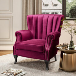 Living And Home Wine Red Velvet Effect Sofa Chair Wing Back Occasional Armchair With Wooden Chair Legs