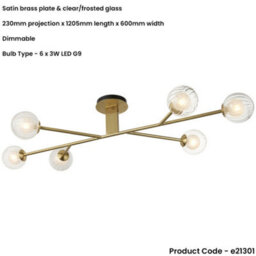 Loops Satin Brass Semi Flush Low Ceiling Light - Clear/frosted Glass Shade - 6X 3W Led G9 - thumbnail 2