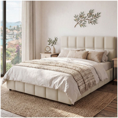 Tectake Upholstered Bed Set With Mattress, 2 Firmness Levels, 250 Kg 140 X 200 Cm - 30 Cm - Velvet Look Sand - image 1